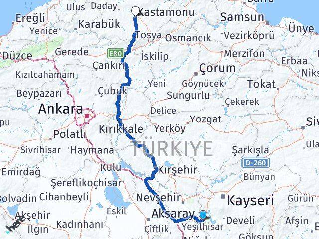 Kayseri Yeşilhisar Kastamonu Arası Kaç Km - Yol Haritası