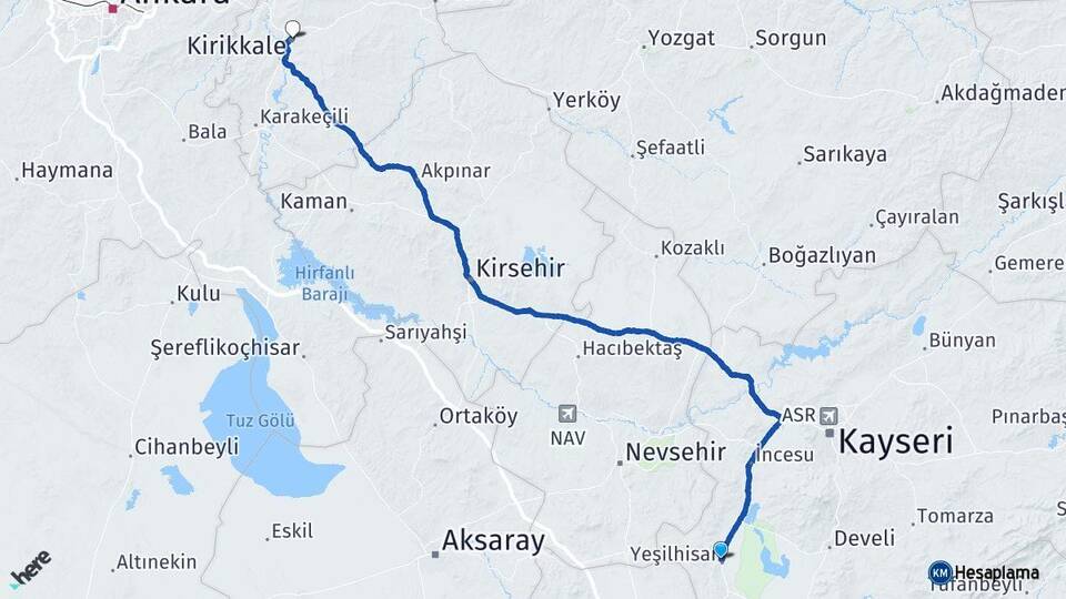 Kayseri Yeşilhisar Kırıkkale Arası Kaç Km - Yol Haritası