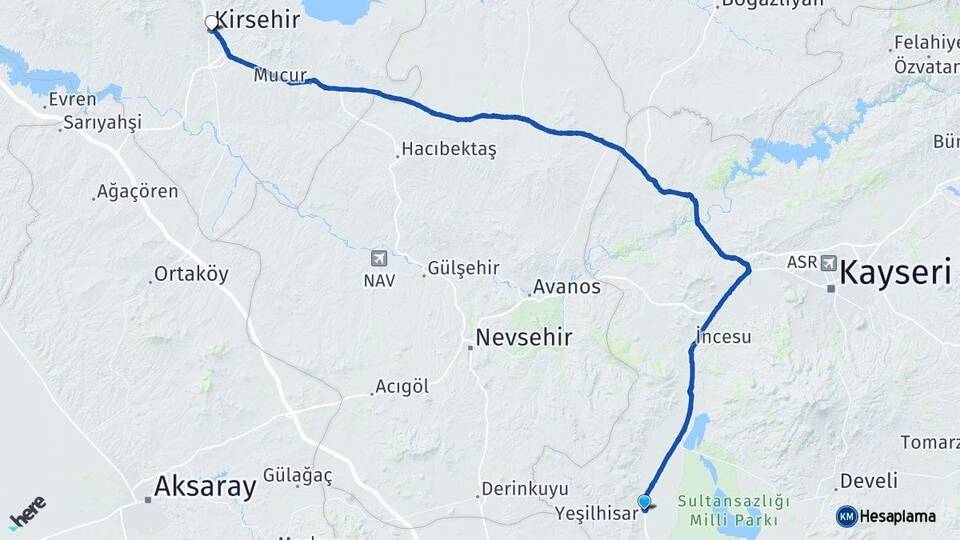 Kayseri Yeşilhisar Kırşehir Arası Kaç Km - Yol Haritası