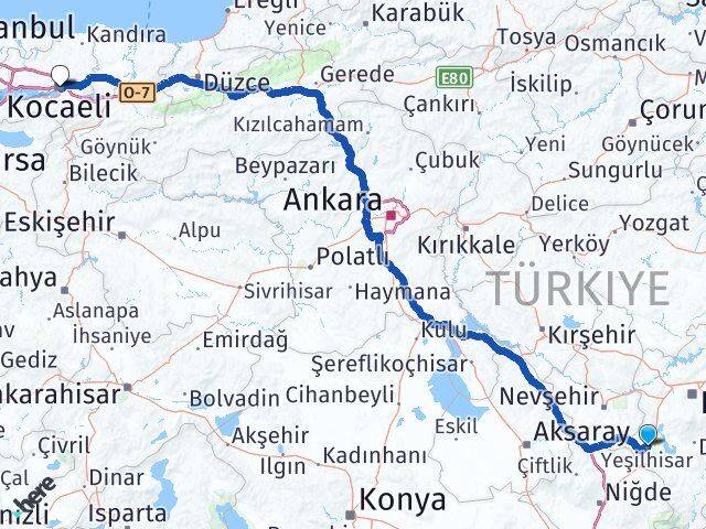 Kayseri Yeşilhisar Kocaeli Arası Kaç Km - Yol Haritası