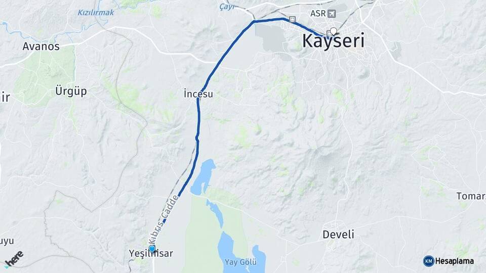 Kayseri Yeşilhisar Kocasinan Arası Kaç Km - Yol Haritası