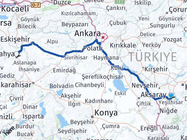 Kayseri Yeşilhisar Kütahya Arası Kaç Km - Yol Haritası