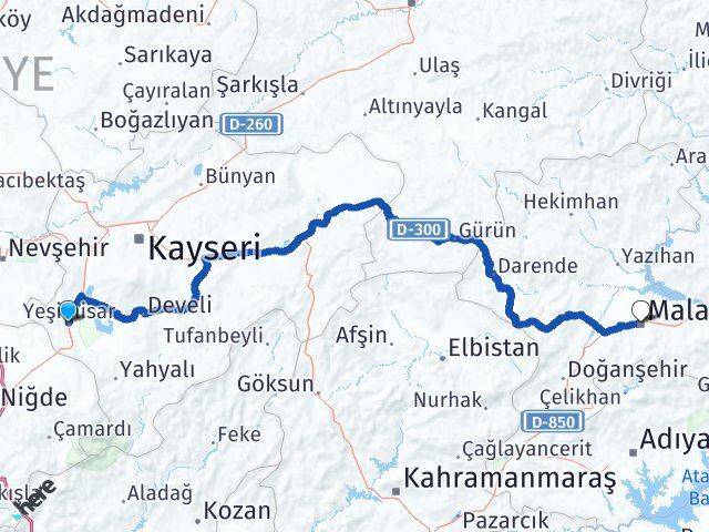 Kayseri Yeşilhisar Malatya Arası Kaç Km - Yol Haritası