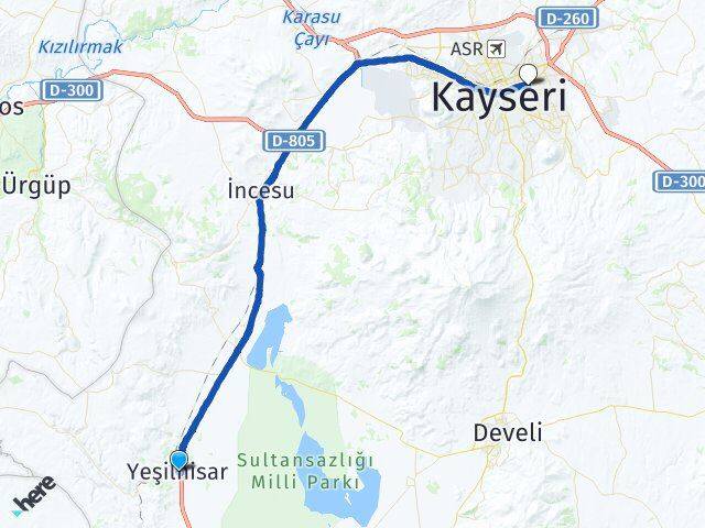 Kayseri Yeşilhisar Melikgazi Arası Kaç Km - Yol Haritası