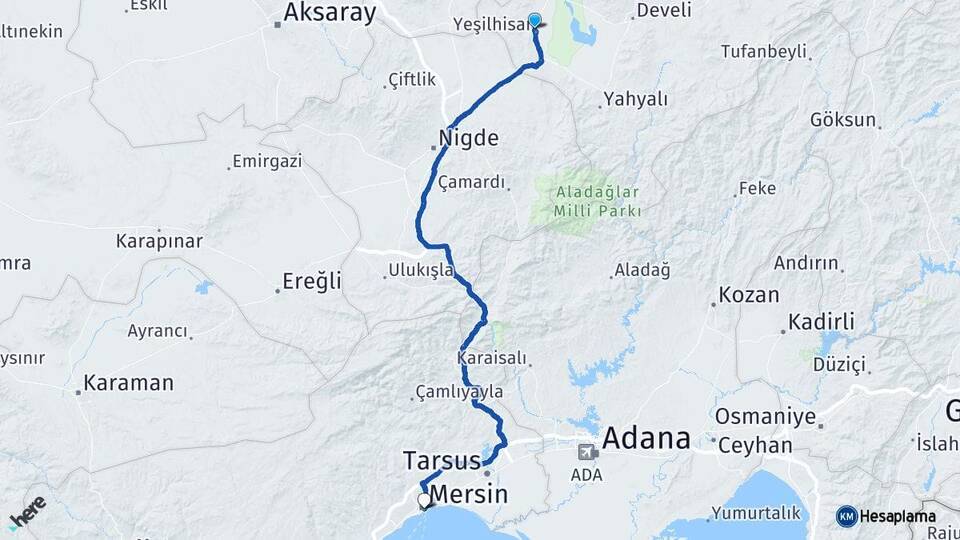 Kayseri Yeşilhisar Mersin Arası Kaç Km - Yol Haritası