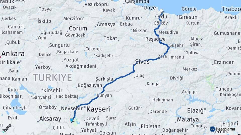 Kayseri Yeşilhisar Ordu Arası Kaç Km - Yol Haritası
