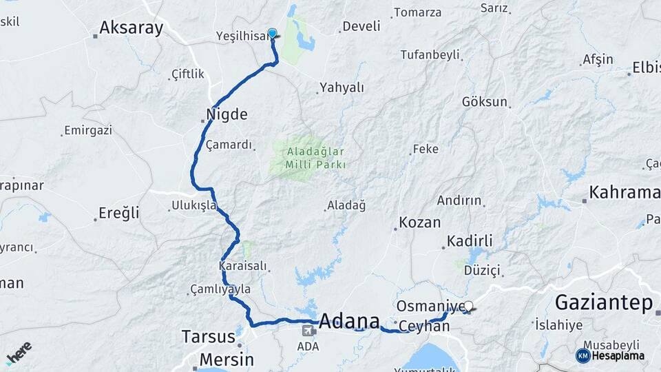Kayseri Yeşilhisar Osmaniye Arası Kaç Km - Yol Haritası