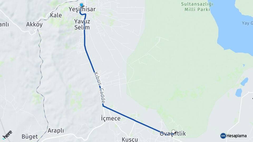 Kayseri Yeşilhisar Ovaçiftlik Yeşilhisar Arası Kaç Km - Yol Haritası