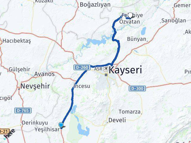 Kayseri Yeşilhisar Özvatan Arası Kaç Km - Yol Haritası