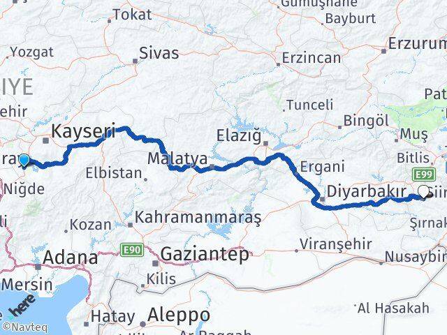 Kayseri Yeşilhisar Siirt Arası Kaç Km - Yol Haritası