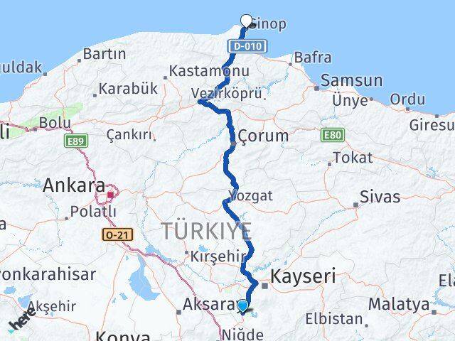 Kayseri Yeşilhisar Sinop Arası Kaç Km - Yol Haritası