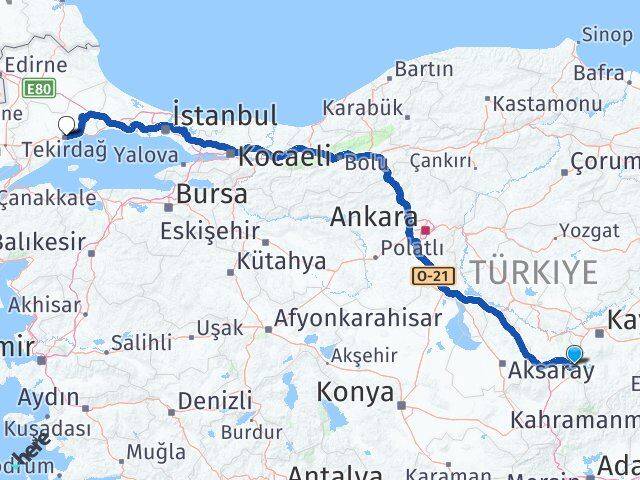 Kayseri Yeşilhisar Tekirdağ Arası Kaç Km - Yol Haritası