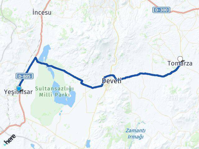 Kayseri Yeşilhisar Tomarza Arası Kaç Km - Yol Haritası