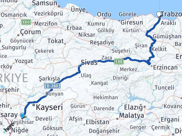 Kayseri Yeşilhisar Trabzon Arası Kaç Km - Yol Haritası