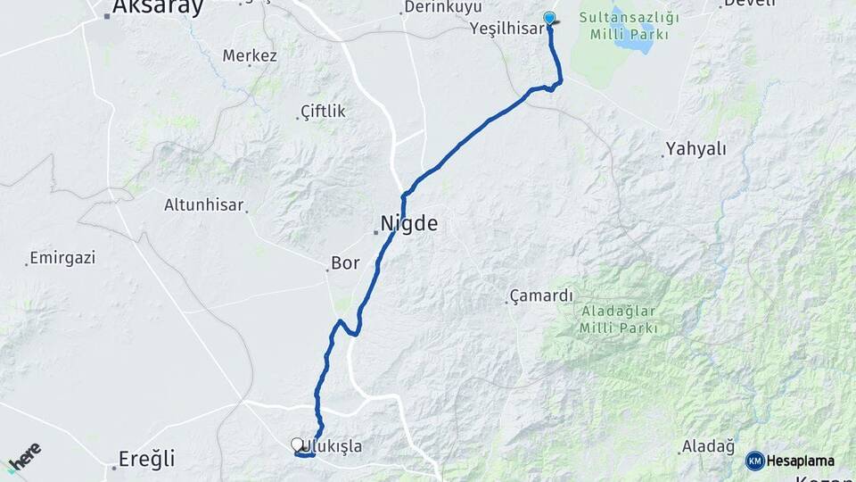 Kayseri Yeşilhisar Ulukışla Niğde Arası Kaç Km - Yol Haritası