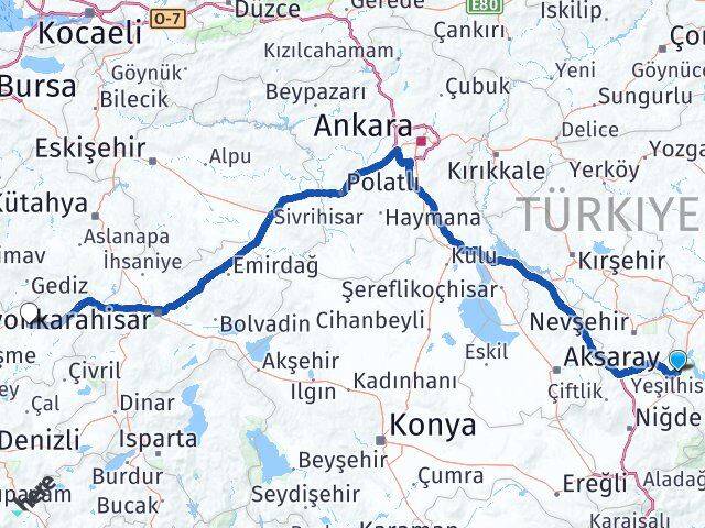Kayseri Yeşilhisar Uşak Arası Kaç Km - Yol Haritası