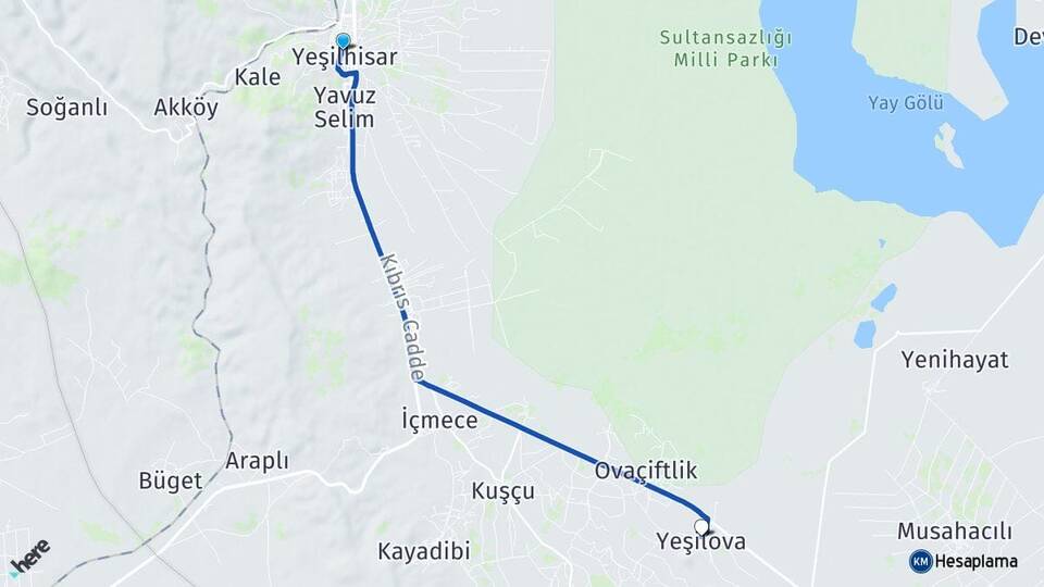 Kayseri Yeşilhisar Yeşilova Yeşilhisar Arası Kaç Km - Yol Haritası