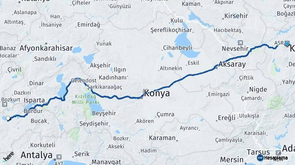 Kayseri Yeşilova Burdur Arası Kaç Km - Yol Haritası