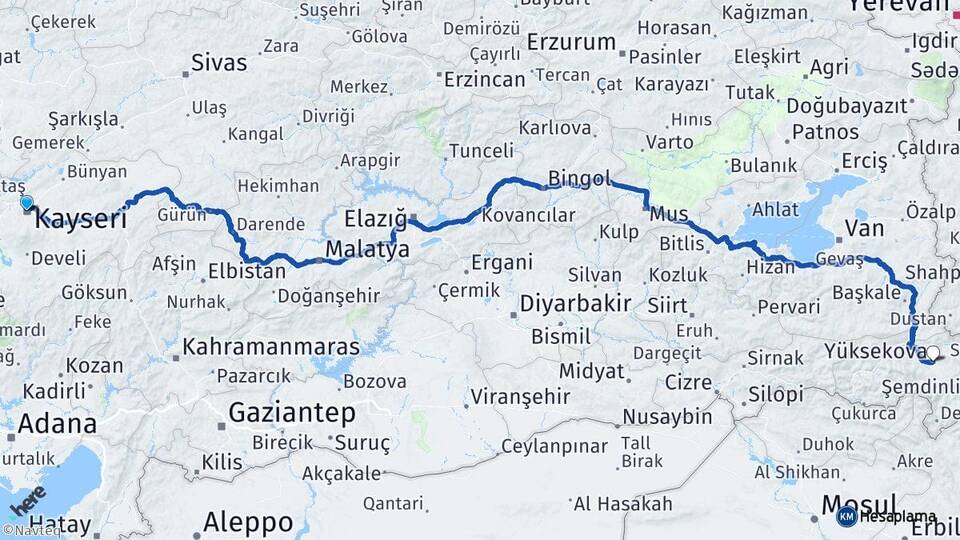 Kayseri Yüksekova Hakkari Arası Kaç Km - Yol Haritası