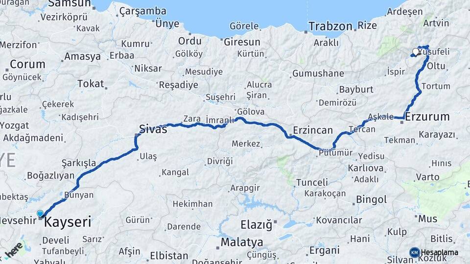 Kayseri Yusufeli Artvin Arası Kaç Km - Yol Haritası