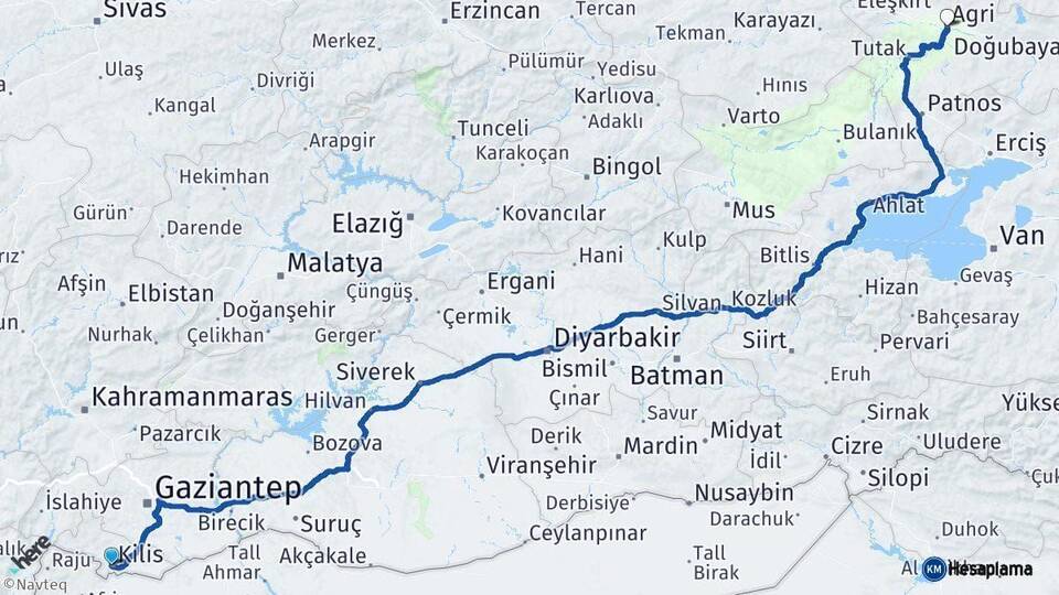 Kilis Ağrı Arası Kaç Km - Yol Haritası