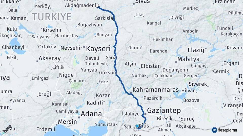 Kilis Akdağmadeni Yozgat Arası Kaç Km - Yol Haritası