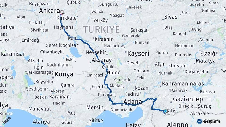 Kilis Ankara Arası Kaç Km - Yol Haritası