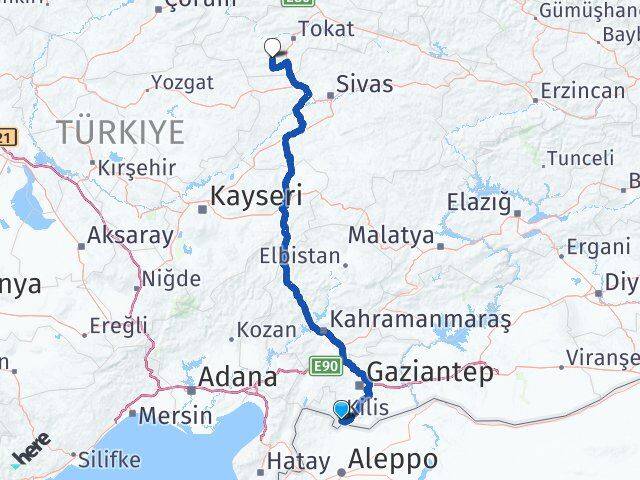 Kilis Artova Tokat Arası Kaç Km - Yol Haritası