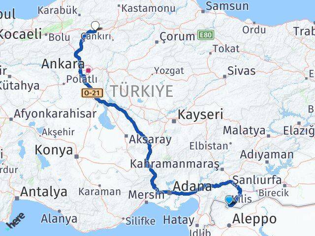 Kilis Atkaracalar Çankırı Arası Kaç Km - Yol Haritası