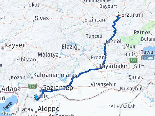 Kilis Aziziye Erzurum Arası Kaç Km - Yol Haritası