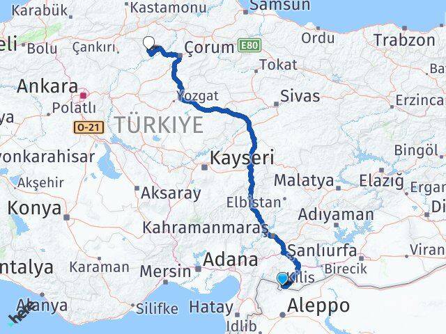 Kilis Bayat Çorum Arası Kaç Km - Yol Haritası