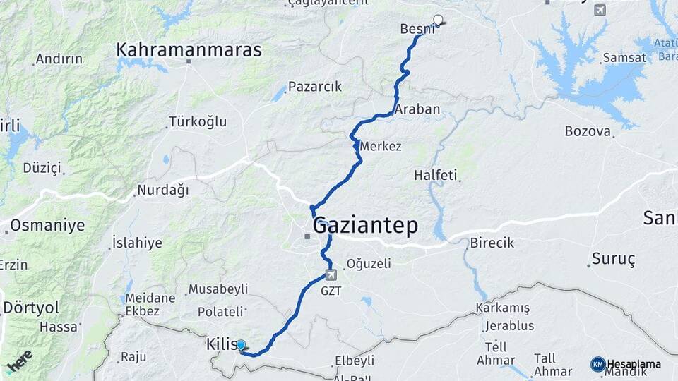 Kilis Besni Adıyaman Arası Kaç Km - Yol Haritası