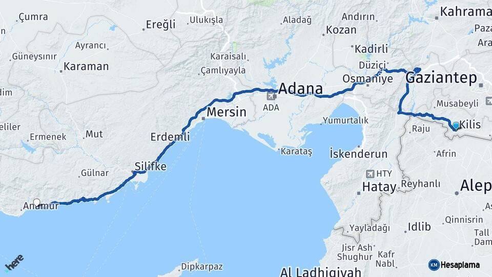 Kilis Bozyazı Mersin Arası Kaç Km - Yol Haritası