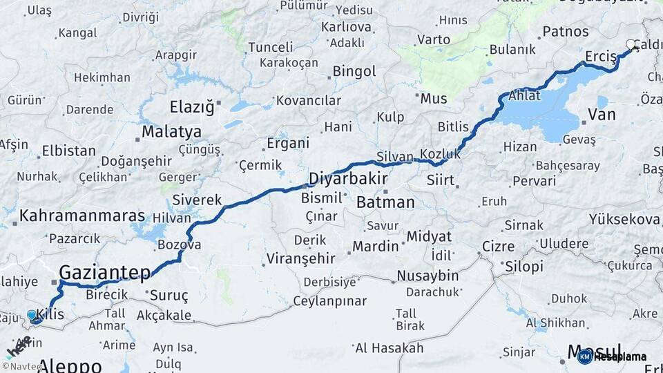 Kilis Çaldıran Van Arası Kaç Km - Yol Haritası