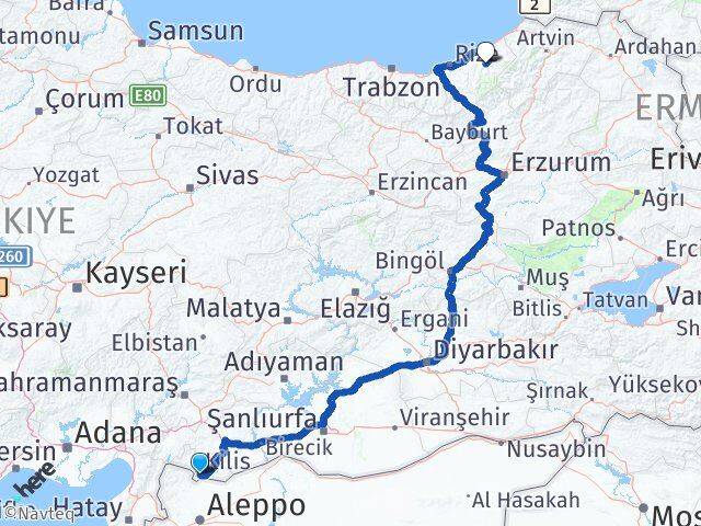 Kilis Çamlıhemşin Rize Arası Kaç Km - Yol Haritası