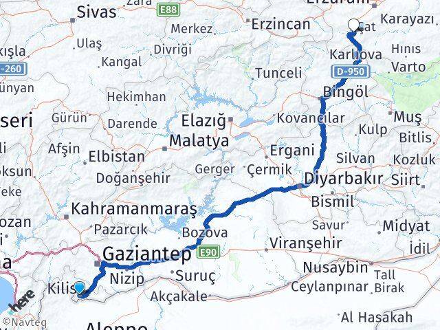 Kilis Çat Erzurum Arası Kaç Km - Yol Haritası