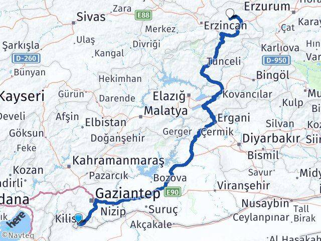 Kilis Çayırlı Erzincan Arası Kaç Km - Yol Haritası