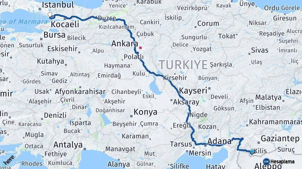 Kilis Çayırova Kocaeli Arası Kaç Km - Yol Haritası