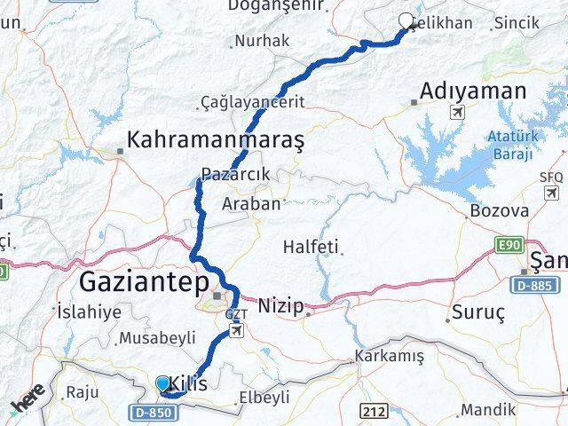 Kilis Çelikhan Adıyaman Arası Kaç Km - Yol Haritası