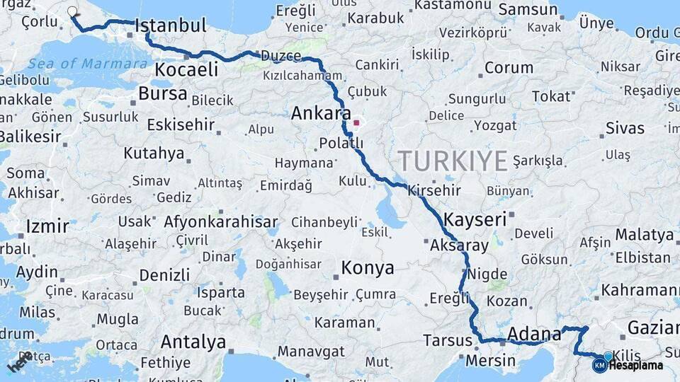 Kilis Çerkezköy Tekirdağ Arası Kaç Km - Yol Haritası