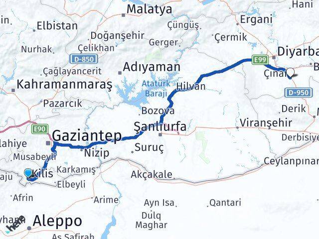 Kilis Çınar Diyarbakır Arası Kaç Km - Yol Haritası