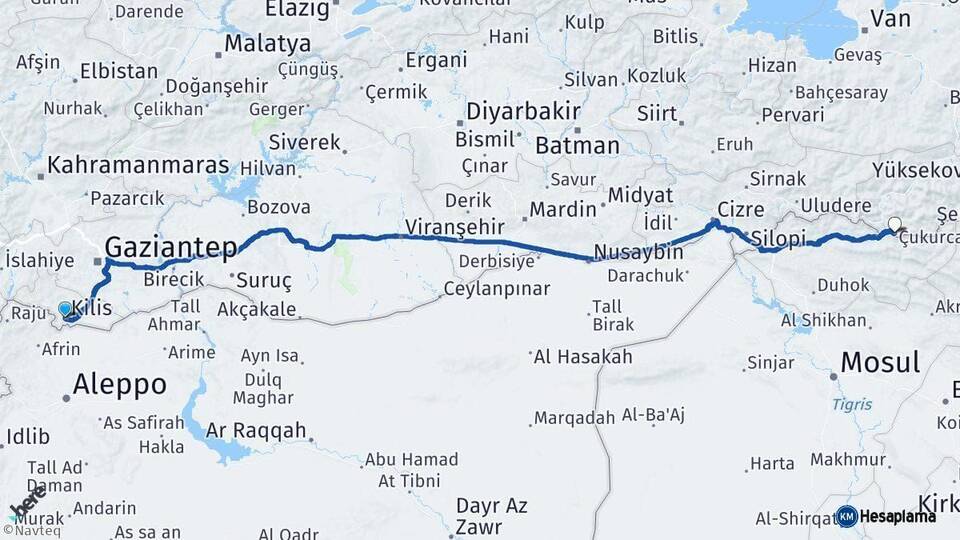 Kilis Çukurca Hakkari Arası Kaç Km - Yol Haritası