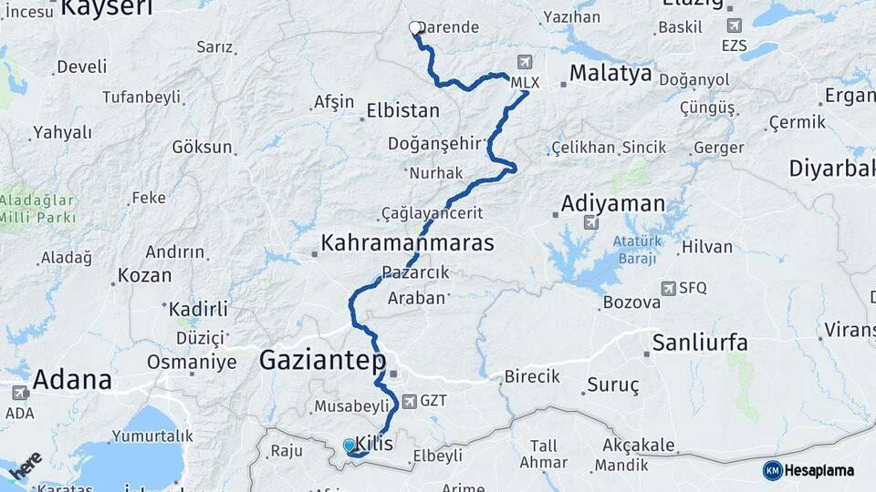 Kilis Darende Malatya Arası Kaç Km - Yol Haritası