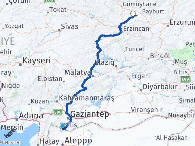 Kilis Demirözü Bayburt Arası Kaç Km - Yol Haritası