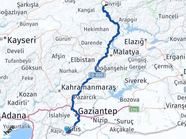 Kilis Divriği Sivas Arası Kaç Km - Yol Haritası