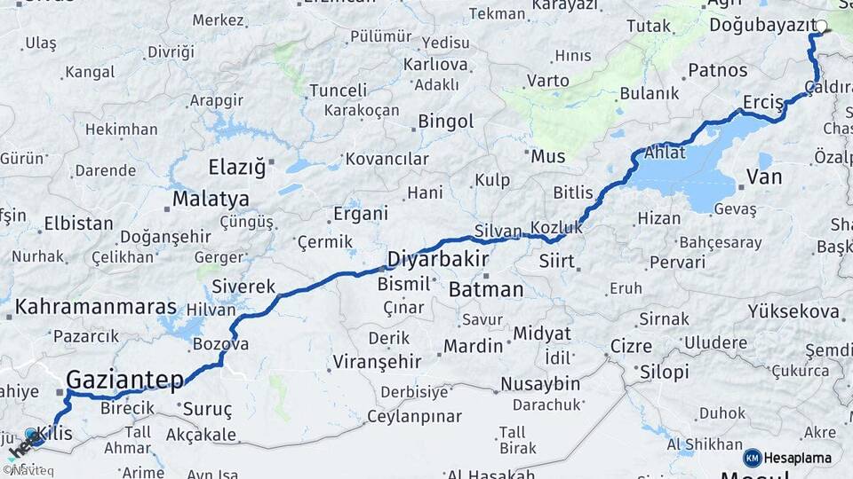 Kilis Doğubayazıt Ağrı Arası Kaç Km - Yol Haritası