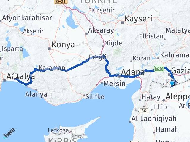 Kilis Elbeyli Akçaalan Serik Antalya Arası Kaç Km - Yol Haritası