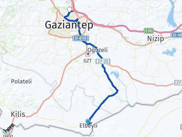 Kilis Elbeyli Gaziantep Arası Kaç Km - Yol Haritası