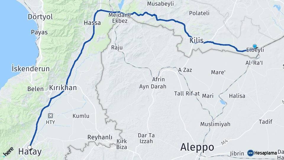 Kilis Elbeyli Hatay Arası Kaç Km - Yol Haritası