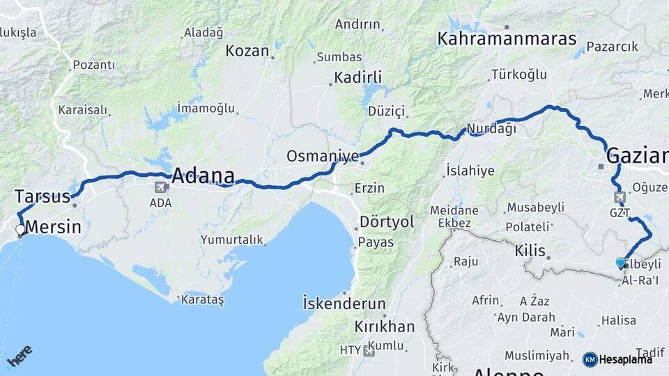 Kilis Elbeyli Mersin Arası Kaç Km - Yol Haritası